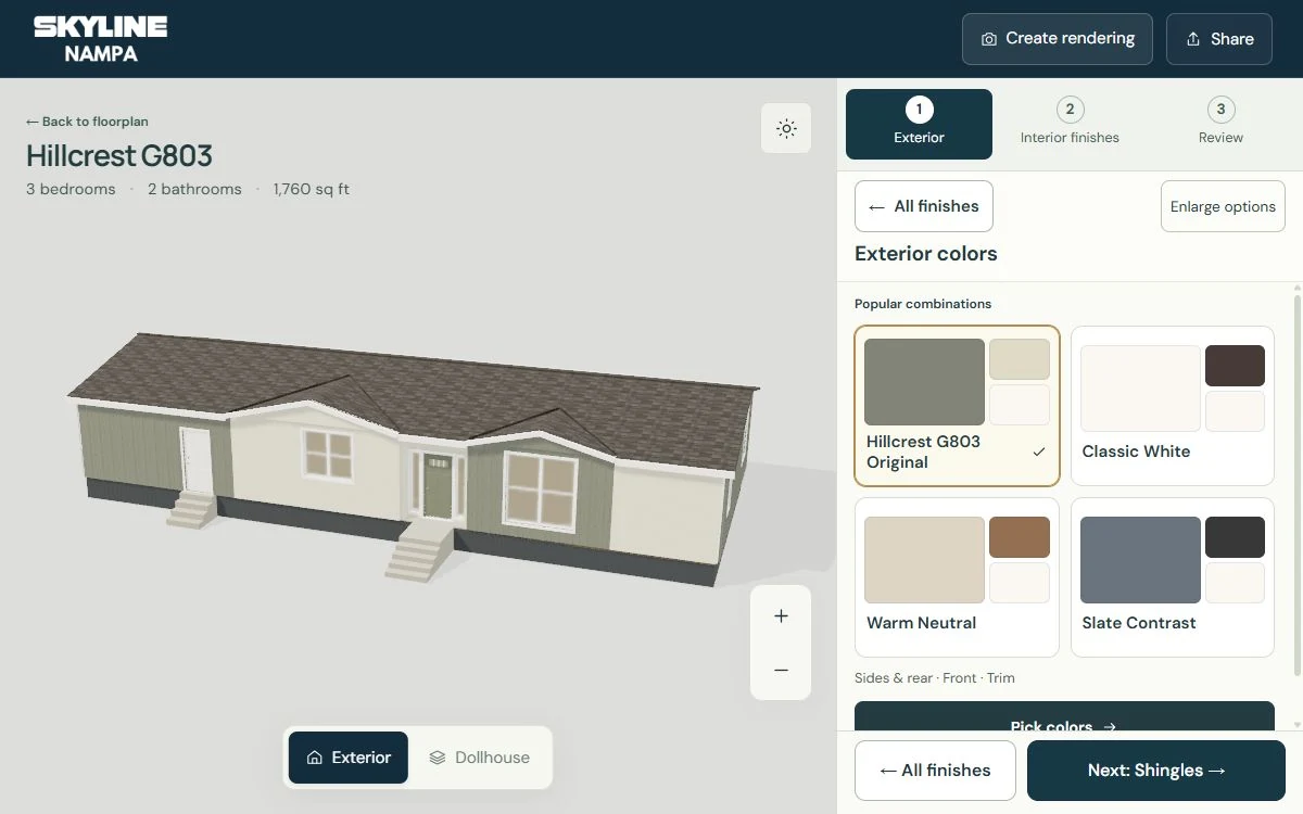 Hillcrest G803 in the Design Studio with exterior color and finish choices