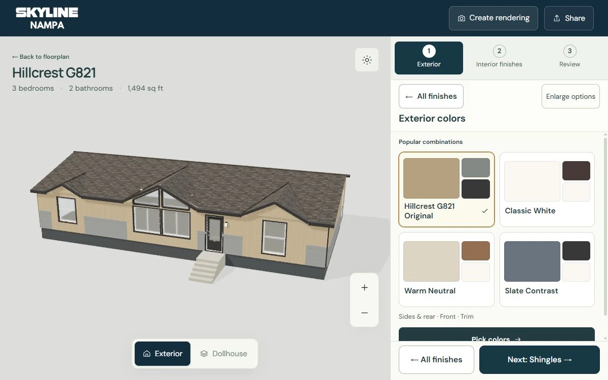 Hillcrest G821 in the Design Studio with exterior color and finish choices