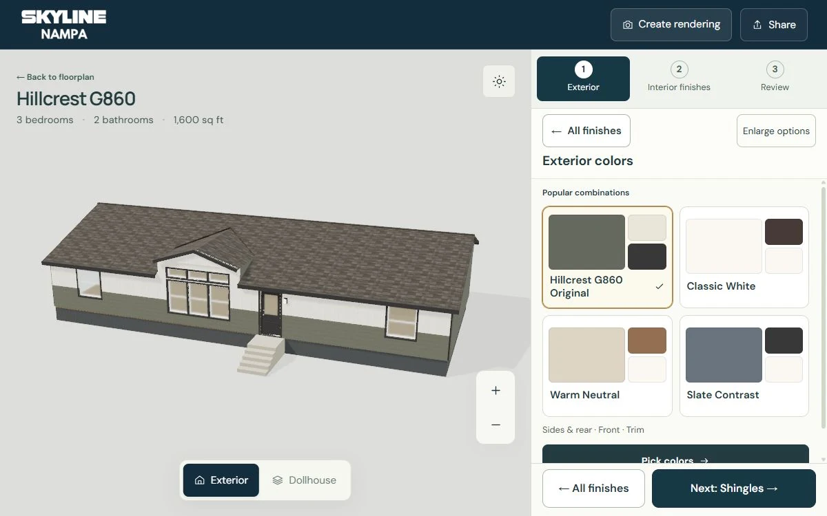 Hillcrest G860 in the Design Studio with exterior color and finish choices