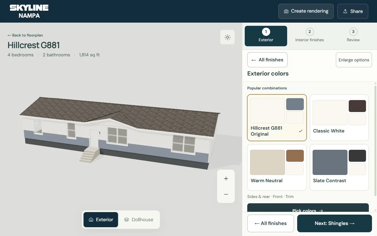 Hillcrest G881 in the Design Studio with exterior color and finish choices