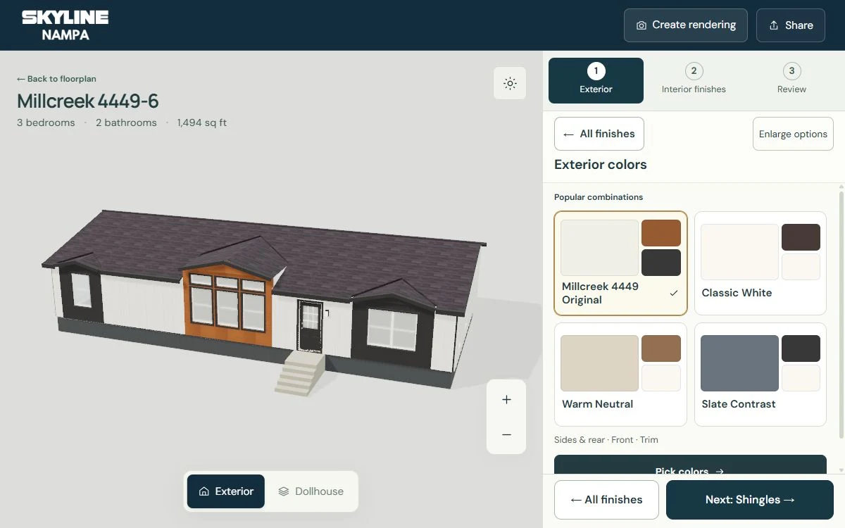Millcreek 4449 in the Design Studio with exterior color and finish choices