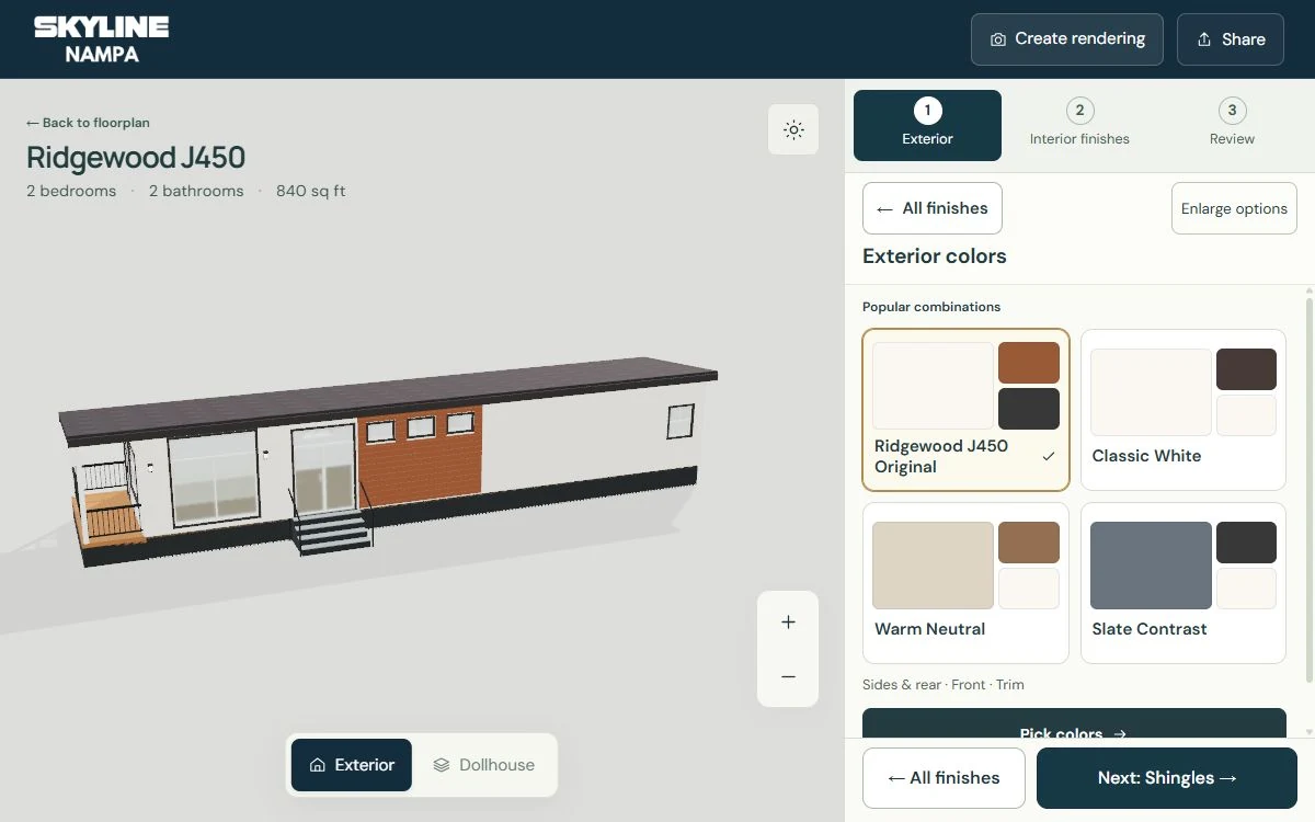 Ridgewood J450 in the Design Studio with exterior color and finish choices