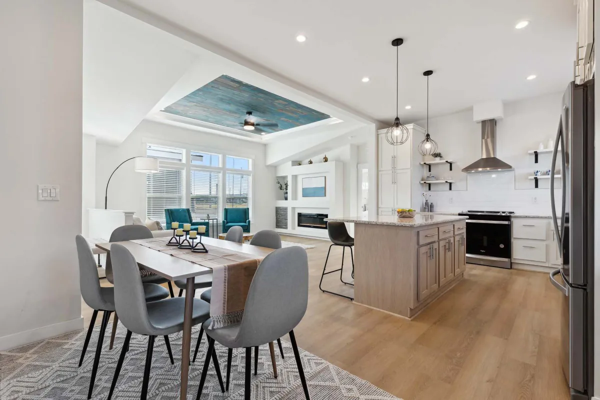 Open manufactured-home kitchen, dining, and living area